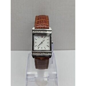 Tommy Hilfiger Womens Square Crystal Quartz Watch Brown Leather New Battery Slim